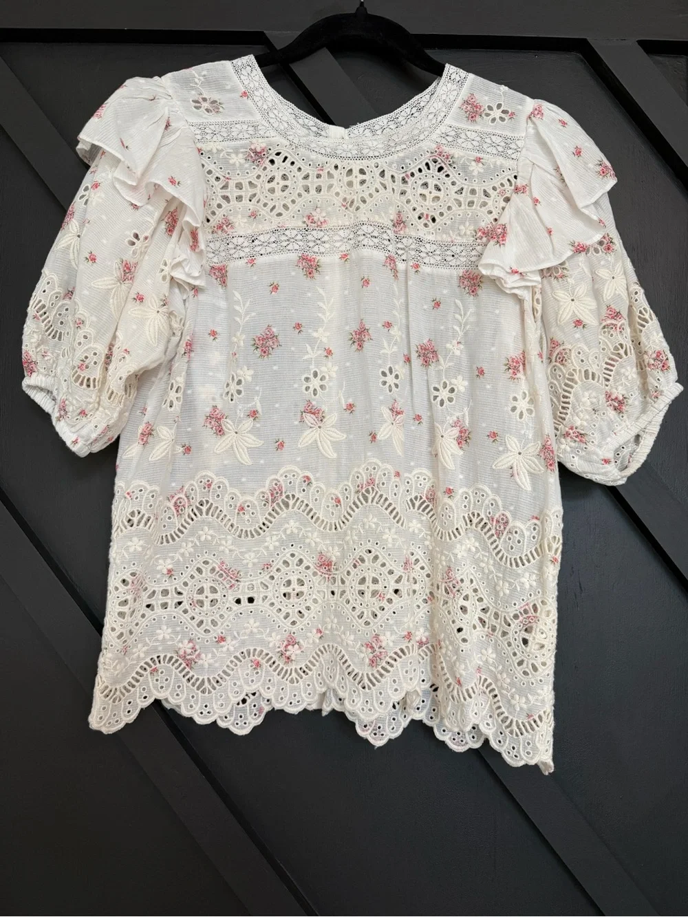 LoveShackFancy Tilda Top in French Cream/Pink Floral, Size Small